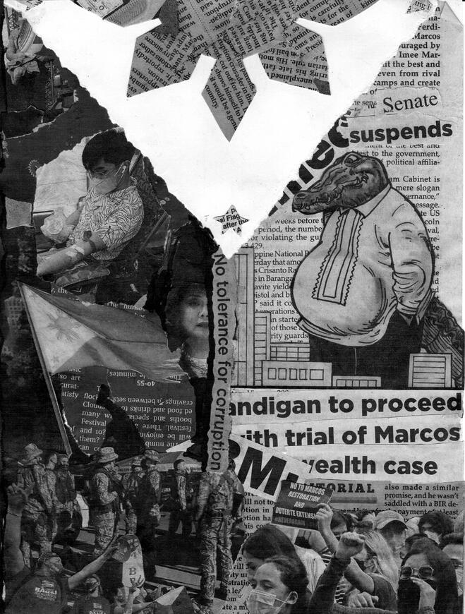 Collage Seeing the newspaper was filled with politics, i used this as the main focus of my collage, i deliberately designed it to look like the Philippine flag to symbolize the politics in our country